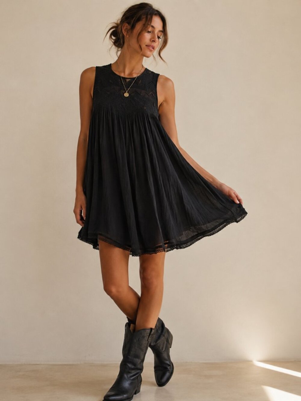 644 - Wilfred Aritzia Black Embroidered Lined Babydoll Dress S